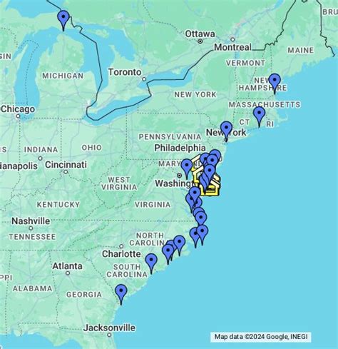Map of Beaches on East Coast